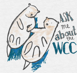 Otters holding hands; text = Ask me about the WCC